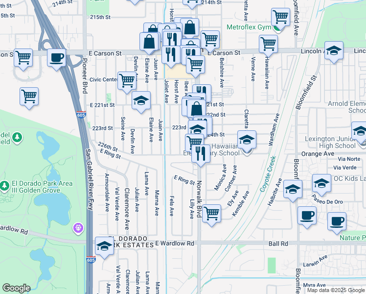 map of restaurants, bars, coffee shops, grocery stores, and more near 22414 Horst Avenue in Hawaiian Gardens