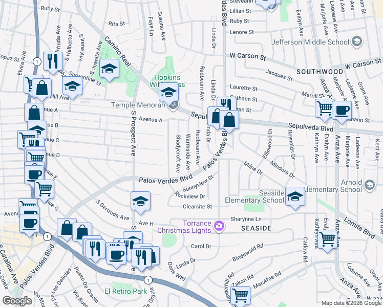 map of restaurants, bars, coffee shops, grocery stores, and more near 22420 Warmside Avenue in Torrance