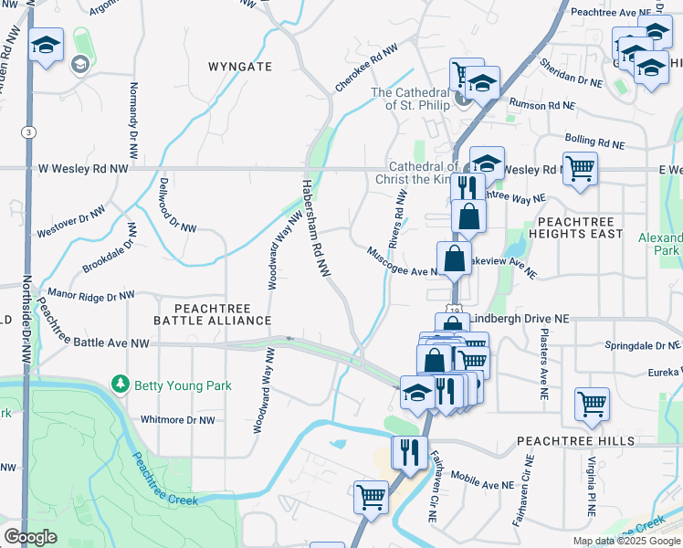map of restaurants, bars, coffee shops, grocery stores, and more near 2585 Habersham Road Northwest in Atlanta