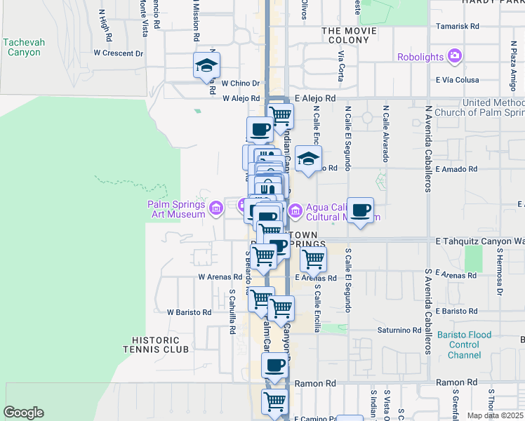 map of restaurants, bars, coffee shops, grocery stores, and more near 175 North Palm Canyon Drive in Palm Springs