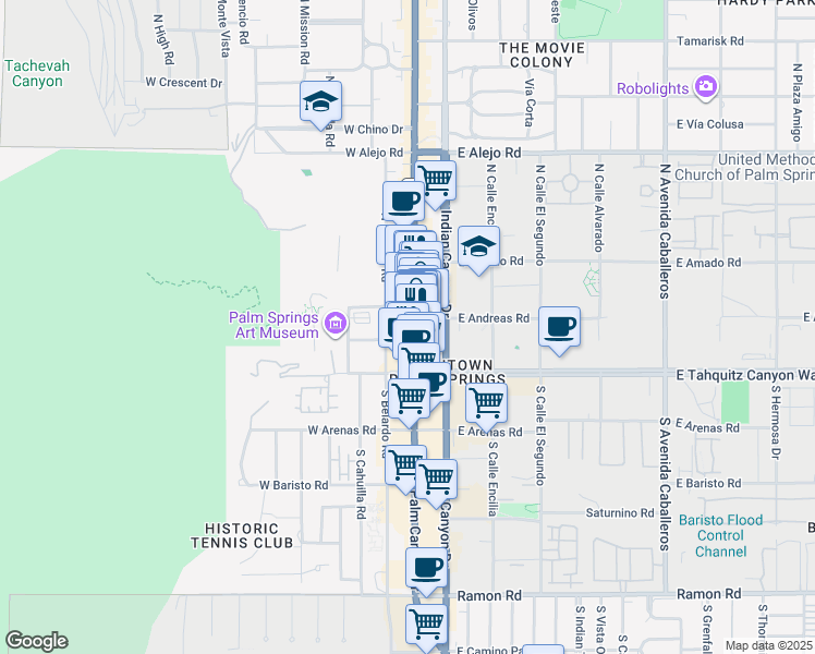 map of restaurants, bars, coffee shops, grocery stores, and more near 217 North Palm Canyon Drive in Palm Springs