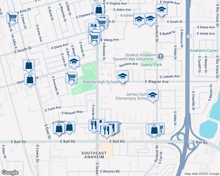 map of restaurants, bars, coffee shops, grocery stores, and more near 901 South Laurenwood Lane in Anaheim