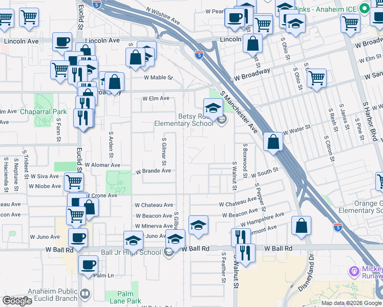 map of restaurants, bars, coffee shops, grocery stores, and more near 609 South Kiama Street in Anaheim