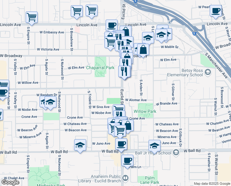 map of restaurants, bars, coffee shops, grocery stores, and more near 601 South Euclid Street in Anaheim