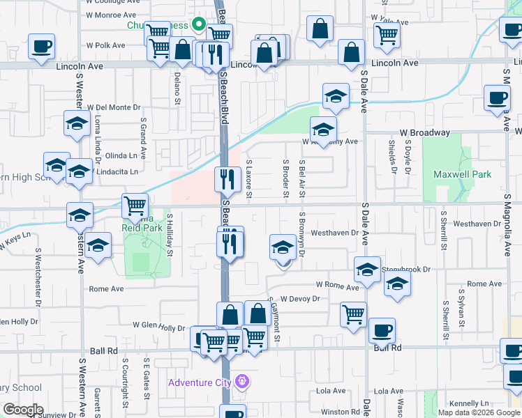 map of restaurants, bars, coffee shops, grocery stores, and more near 2957 West Orange Avenue in Anaheim