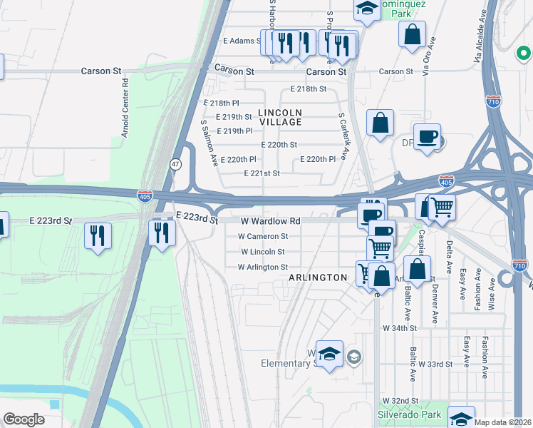 map of restaurants, bars, coffee shops, grocery stores, and more near 2655 East 223rd Street in Long Beach
