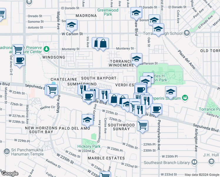 map of restaurants, bars, coffee shops, grocery stores, and more near 2164 Shelburne Way in Torrance