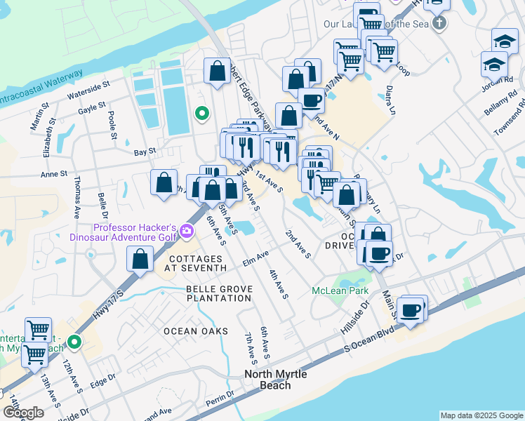 map of restaurants, bars, coffee shops, grocery stores, and more near 2 Barnwell Street in North Myrtle Beach
