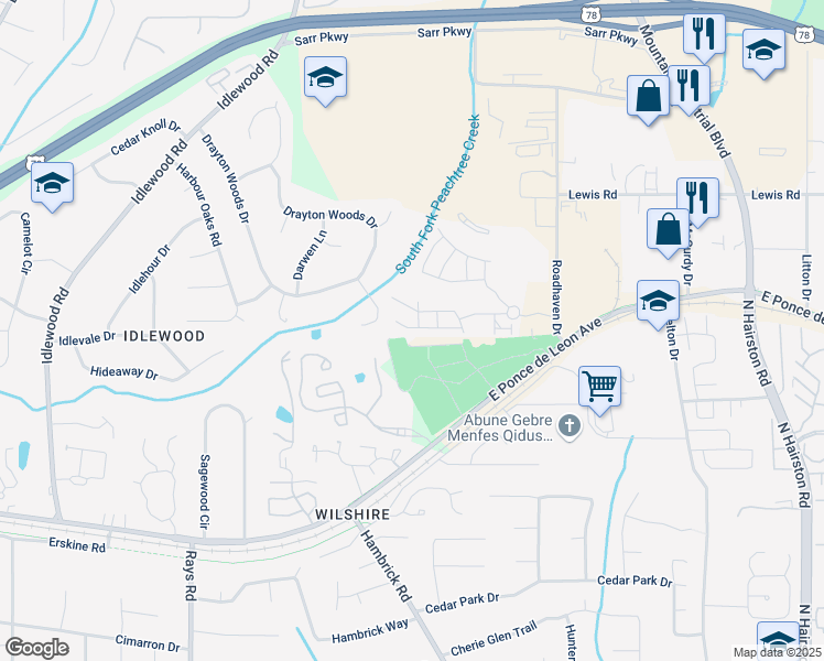 map of restaurants, bars, coffee shops, grocery stores, and more near 1509 River Oak Lane in Stone Mountain