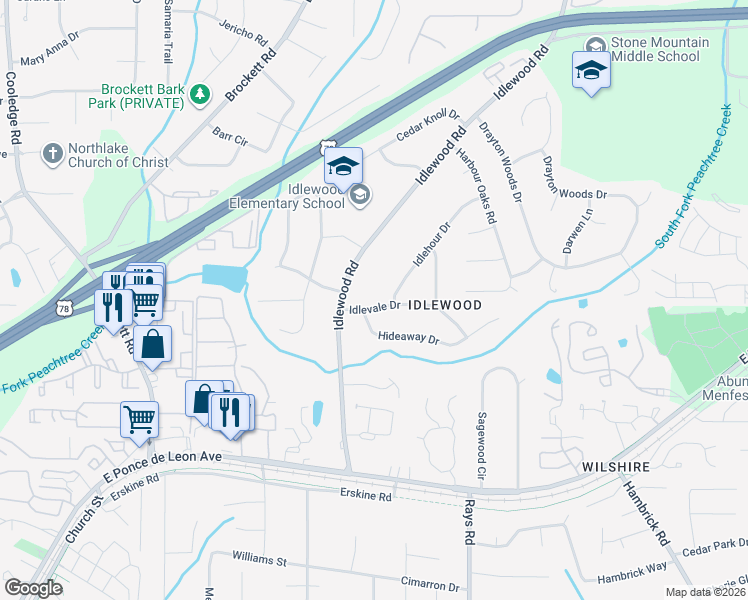 map of restaurants, bars, coffee shops, grocery stores, and more near 4086 Idlevale Drive in Tucker