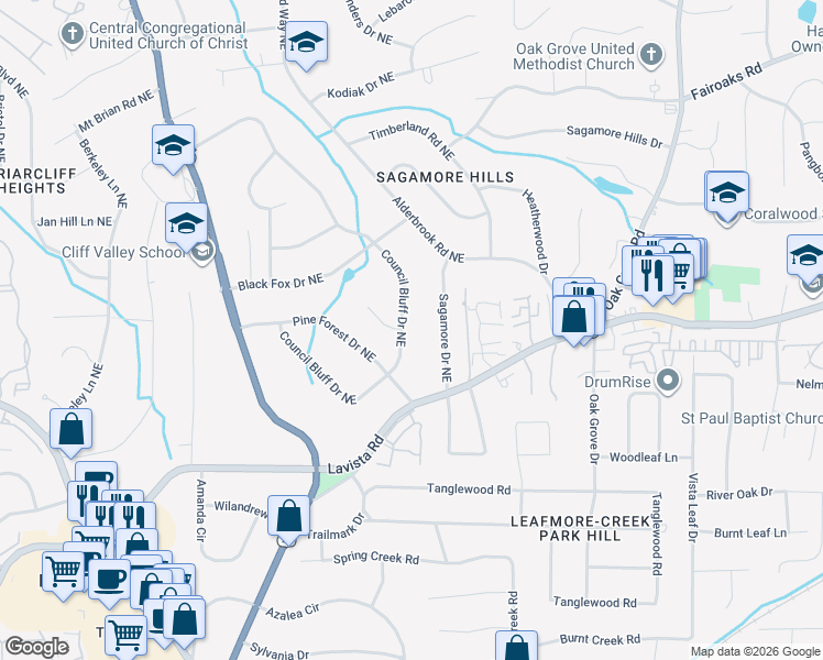 map of restaurants, bars, coffee shops, grocery stores, and more near 1511 Council Bluff Drive Northeast in Atlanta