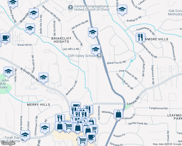 map of restaurants, bars, coffee shops, grocery stores, and more near 1922 Jacolyn Place Northeast in Atlanta