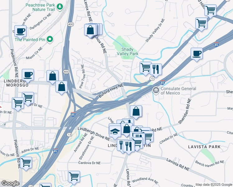 map of restaurants, bars, coffee shops, grocery stores, and more near 2572 Buford Highway Connector Northeast in Atlanta