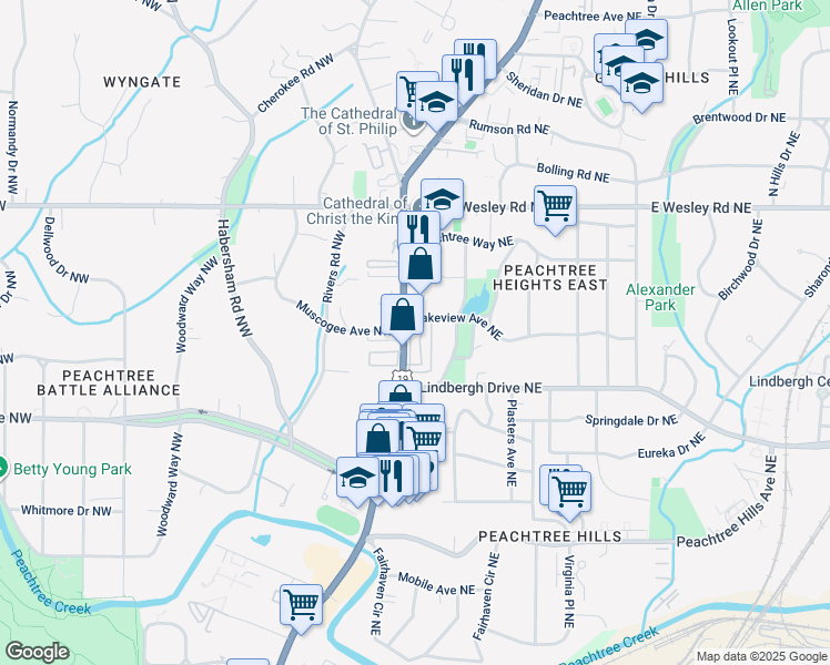 map of restaurants, bars, coffee shops, grocery stores, and more near 2525 Peachtree Road in Atlanta