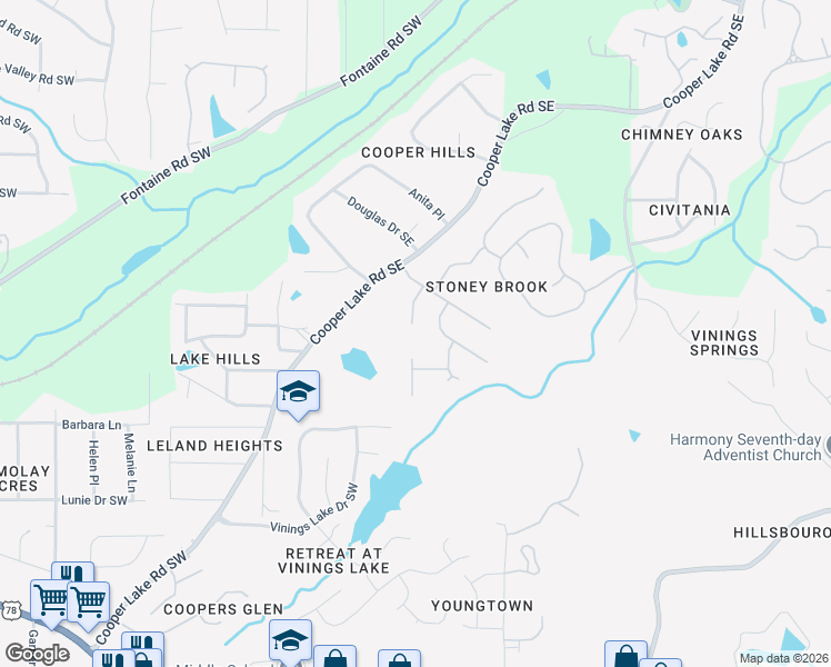 map of restaurants, bars, coffee shops, grocery stores, and more near 233 Eton Court Southeast in Mableton