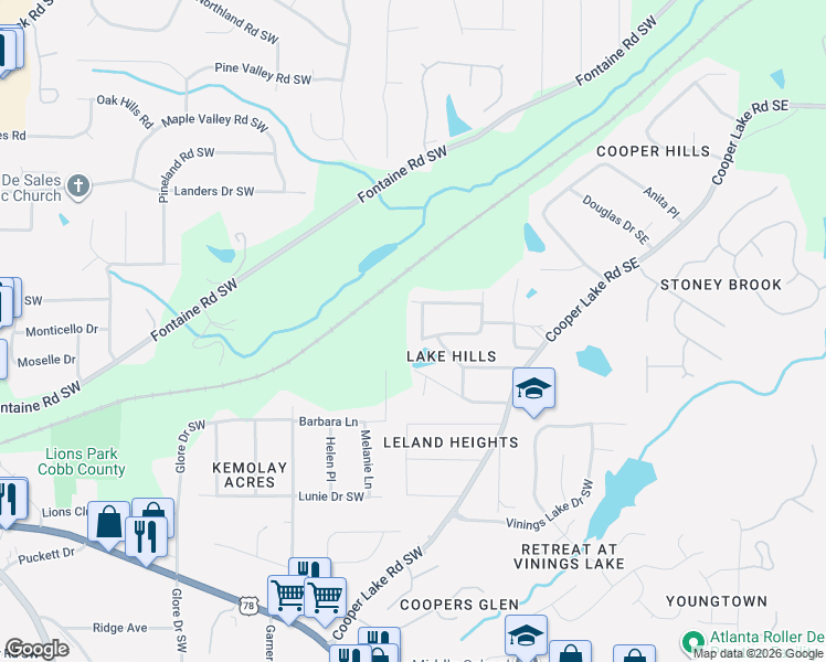 map of restaurants, bars, coffee shops, grocery stores, and more near 5290 Timbo Lane Southwest in Mableton