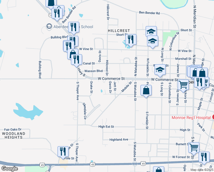 map of restaurants, bars, coffee shops, grocery stores, and more near 903 West Commerce Street in Aberdeen