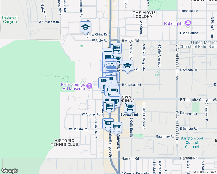 map of restaurants, bars, coffee shops, grocery stores, and more near 175 North Palm Canyon Drive in Palm Springs