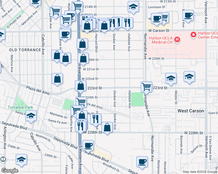 map of restaurants, bars, coffee shops, grocery stores, and more near 1521 West 223rd Street in Torrance