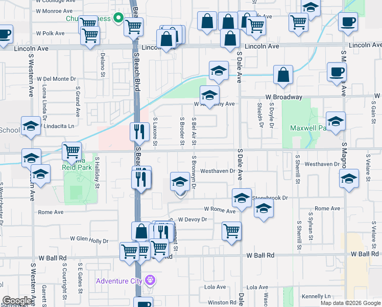 map of restaurants, bars, coffee shops, grocery stores, and more near 2073 South Bel Air Street in Anaheim
