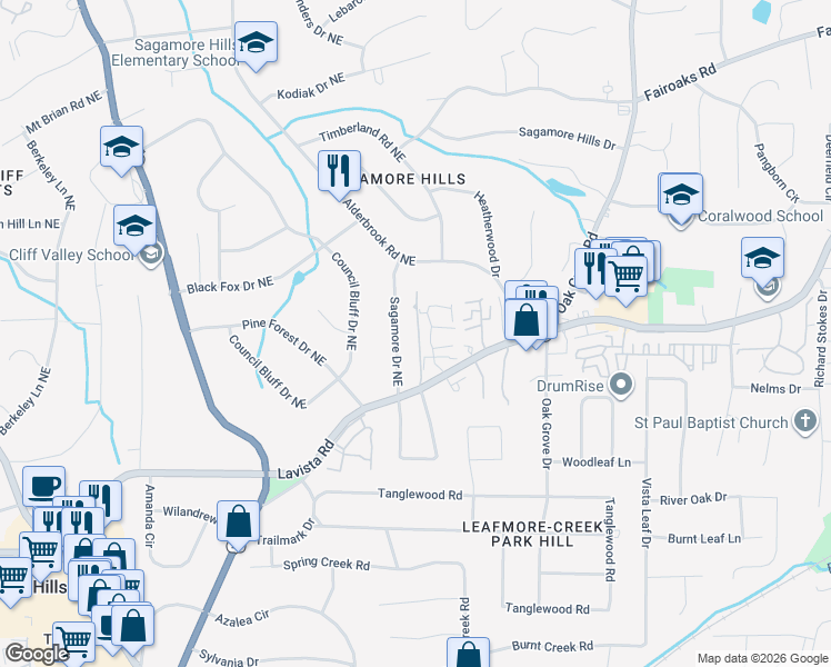 map of restaurants, bars, coffee shops, grocery stores, and more near 1509 Sagamore Drive Northeast in Atlanta