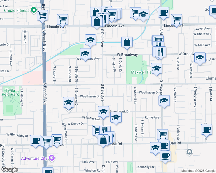 map of restaurants, bars, coffee shops, grocery stores, and more near in Anaheim