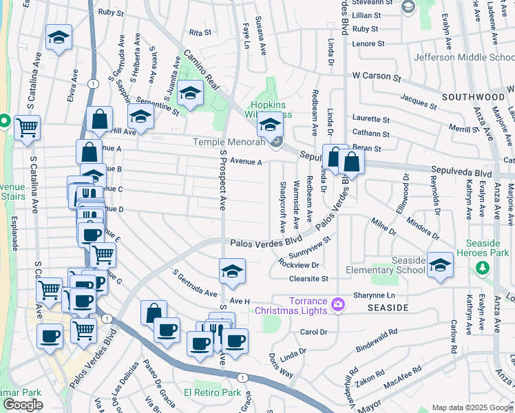map of restaurants, bars, coffee shops, grocery stores, and more near 1062 Avenue C in Redondo Beach