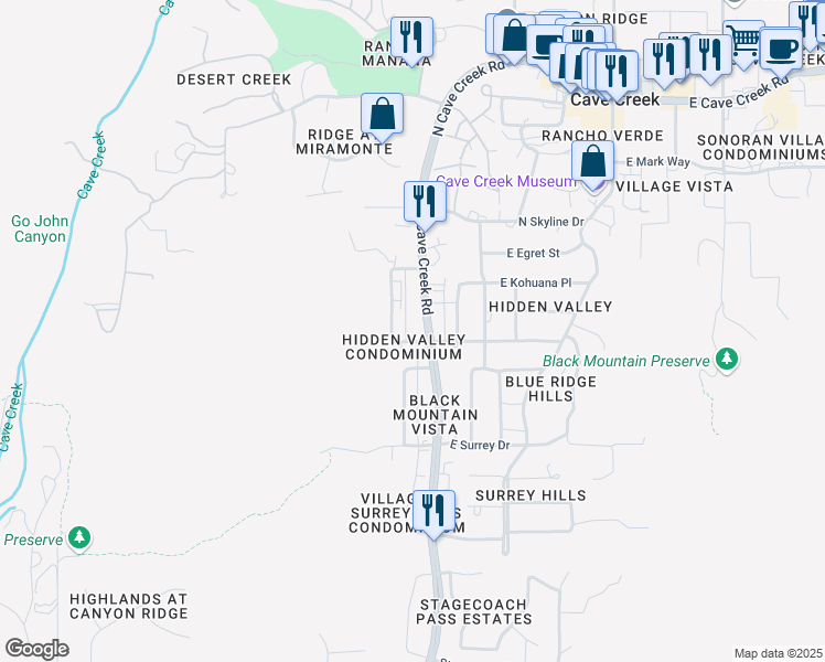 map of restaurants, bars, coffee shops, grocery stores, and more near 37402 North Cave Creek Road in Cave Creek