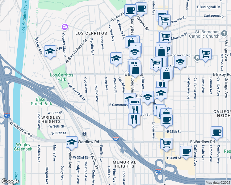 map of restaurants, bars, coffee shops, grocery stores, and more near Weston Place in Long Beach