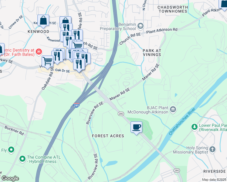 map of restaurants, bars, coffee shops, grocery stores, and more near 5282 Kershaw Court Southeast in Atlanta