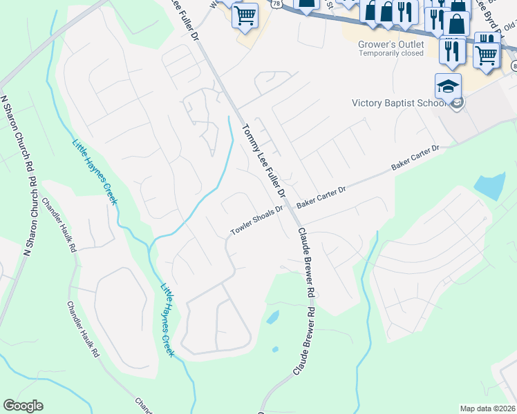 map of restaurants, bars, coffee shops, grocery stores, and more near 320 Towler Drive in Loganville
