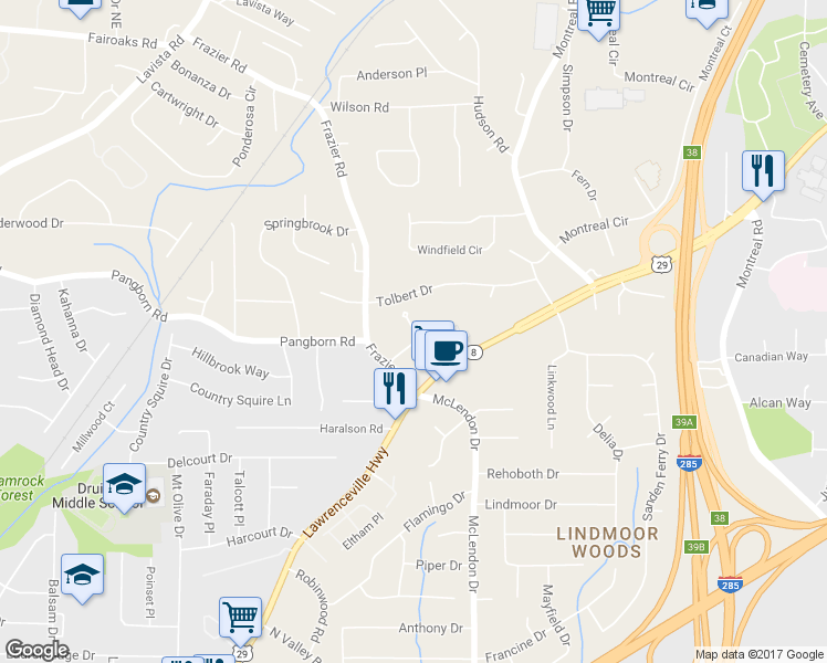 map of restaurants, bars, coffee shops, grocery stores, and more near 3120 Frazier Walk in Decatur