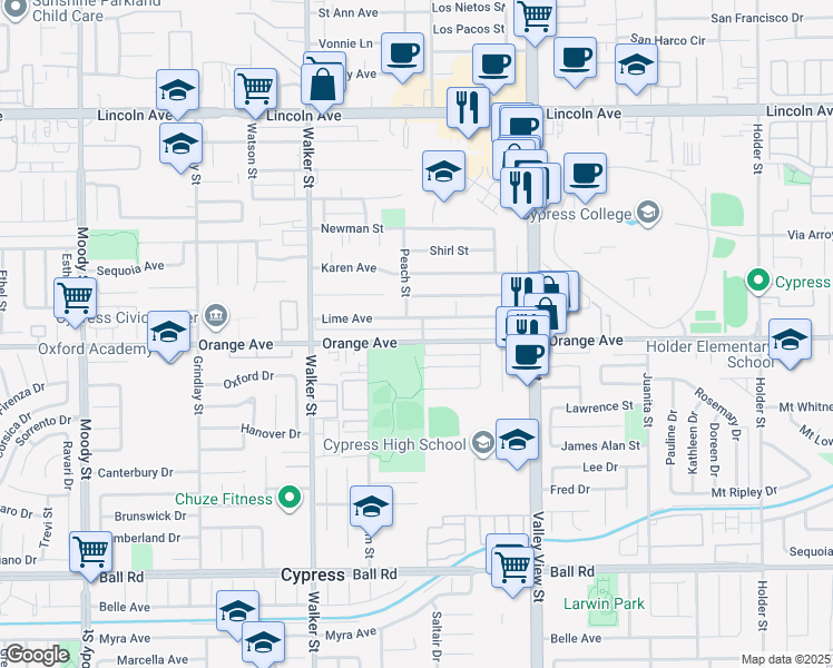 map of restaurants, bars, coffee shops, grocery stores, and more near 5692 Lime Avenue in Cypress