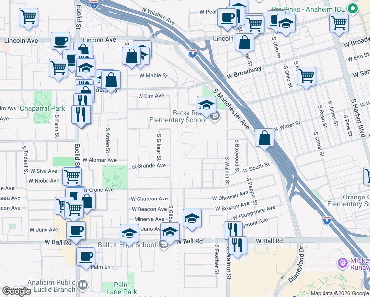 map of restaurants, bars, coffee shops, grocery stores, and more near 1439 Kiama Place in Anaheim