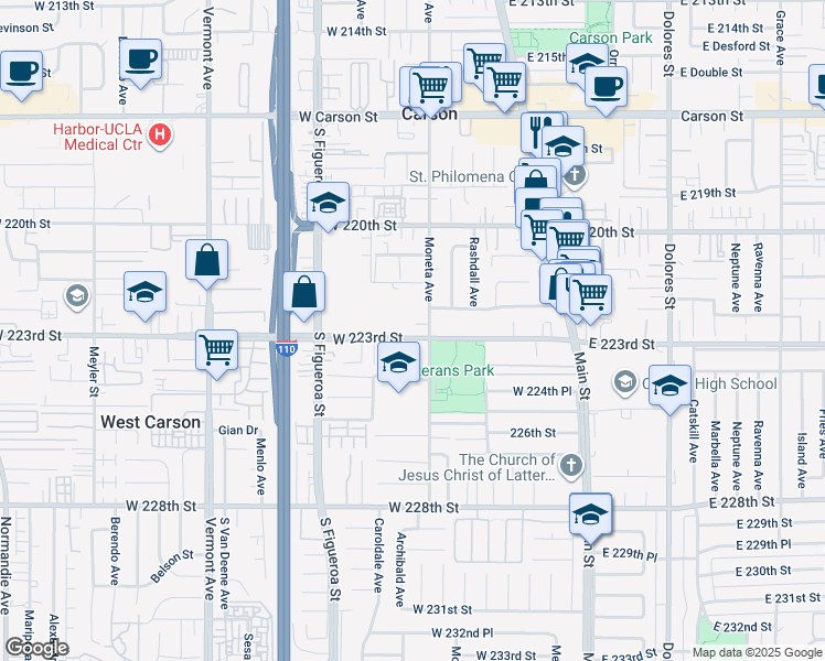 map of restaurants, bars, coffee shops, grocery stores, and more near 319 West 223rd Street in Carson