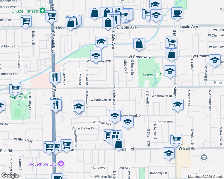 map of restaurants, bars, coffee shops, grocery stores, and more near 603 South Dale Avenue in Anaheim