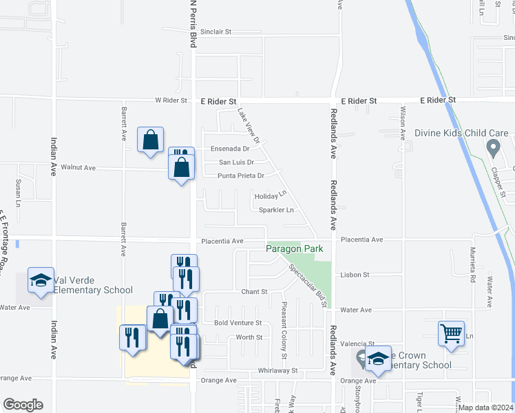 map of restaurants, bars, coffee shops, grocery stores, and more near 244 Sparkler Lane in Perris