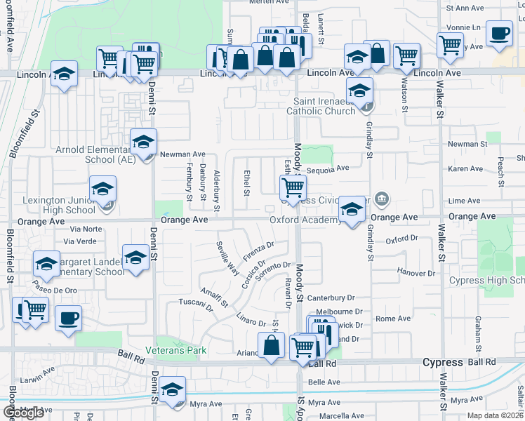 map of restaurants, bars, coffee shops, grocery stores, and more near 9465 Rosemarie Court in Cypress
