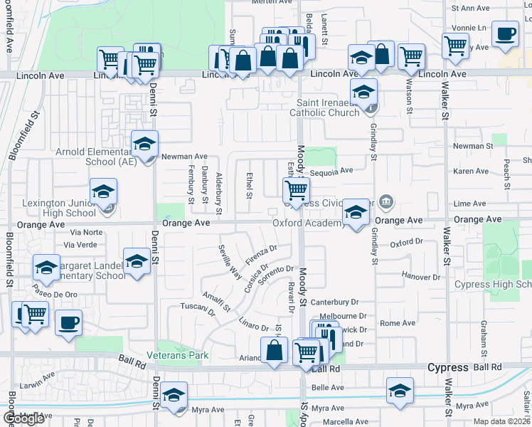 map of restaurants, bars, coffee shops, grocery stores, and more near 9465 Rosemarie Court in Cypress