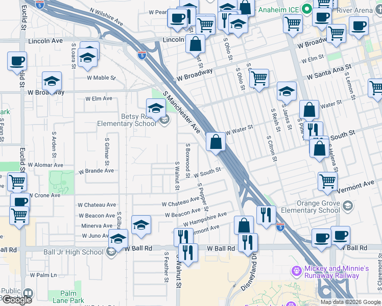 map of restaurants, bars, coffee shops, grocery stores, and more near 616 South Boxwood Street in Anaheim