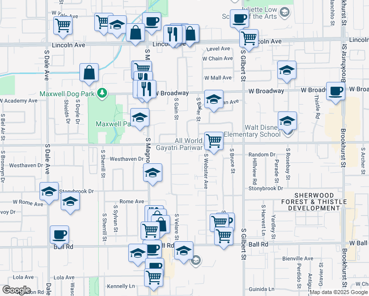 map of restaurants, bars, coffee shops, grocery stores, and more near 2512 West Halfmoon Drive in Anaheim