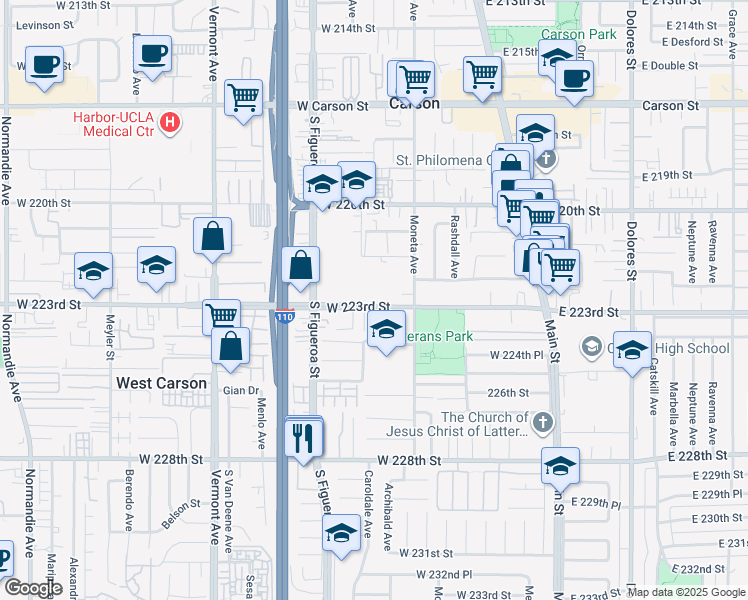 map of restaurants, bars, coffee shops, grocery stores, and more near 409 West 223rd Street in Carson