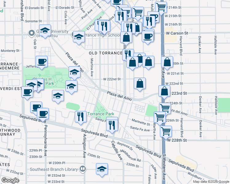 map of restaurants, bars, coffee shops, grocery stores, and more near 2309 Andreo Avenue in Torrance
