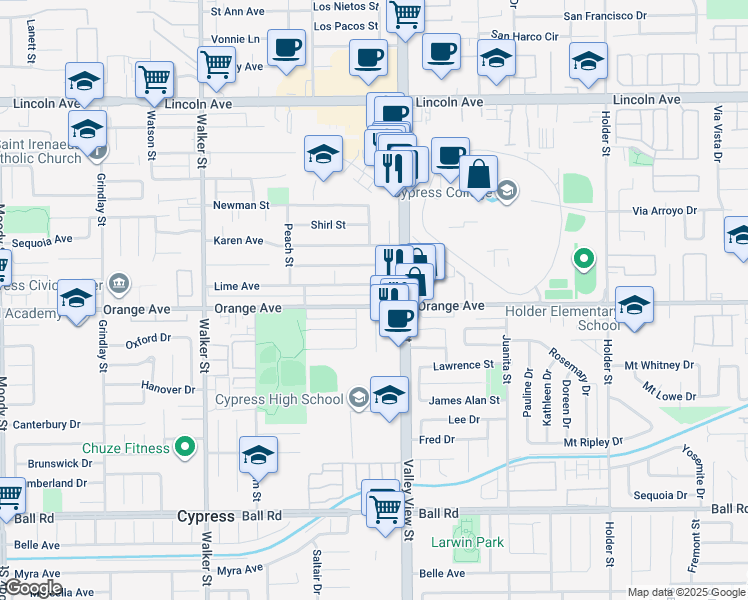 map of restaurants, bars, coffee shops, grocery stores, and more near 5952 Lime Avenue in Cypress