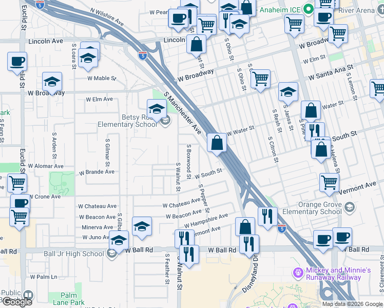 map of restaurants, bars, coffee shops, grocery stores, and more near 616 South Boxwood Street in Anaheim