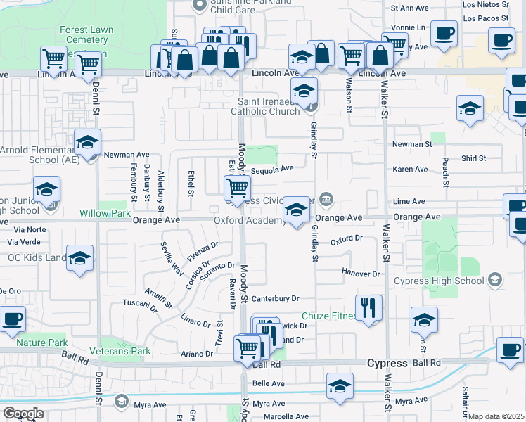 map of restaurants, bars, coffee shops, grocery stores, and more near 5081 Moody Street in Cypress