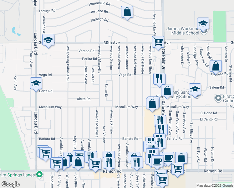 map of restaurants, bars, coffee shops, grocery stores, and more near 30805 Avenida Alvera in Cathedral City