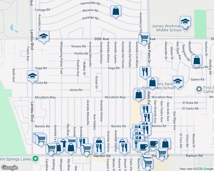 map of restaurants, bars, coffee shops, grocery stores, and more near 30805 Avenida Alvera in Cathedral City