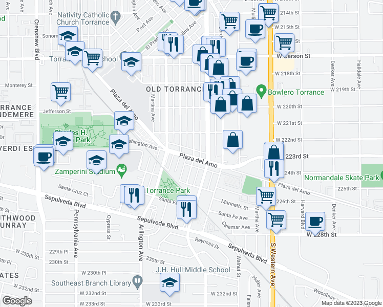 map of restaurants, bars, coffee shops, grocery stores, and more near 2313 Andreo Avenue in Torrance