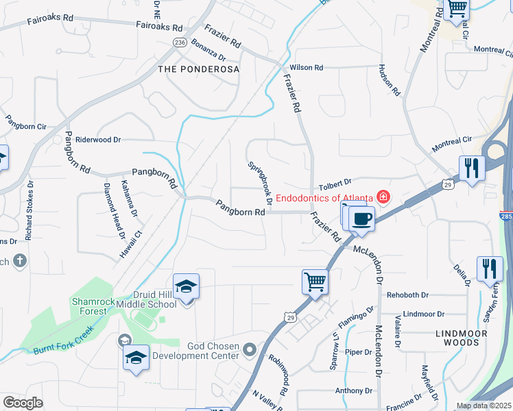 map of restaurants, bars, coffee shops, grocery stores, and more near 2942 Pangborn Road in Decatur